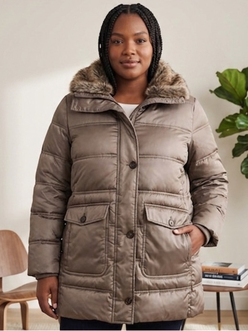 Lands' End Bronze Puffer with Fur Collar